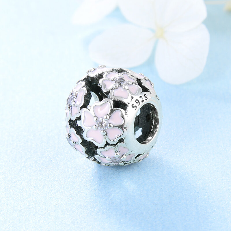 925 Sterling Silver Fashion silver pink flowers round enamel jewelry beads Fit Original Pandora Charm Bracelet Jewelry making