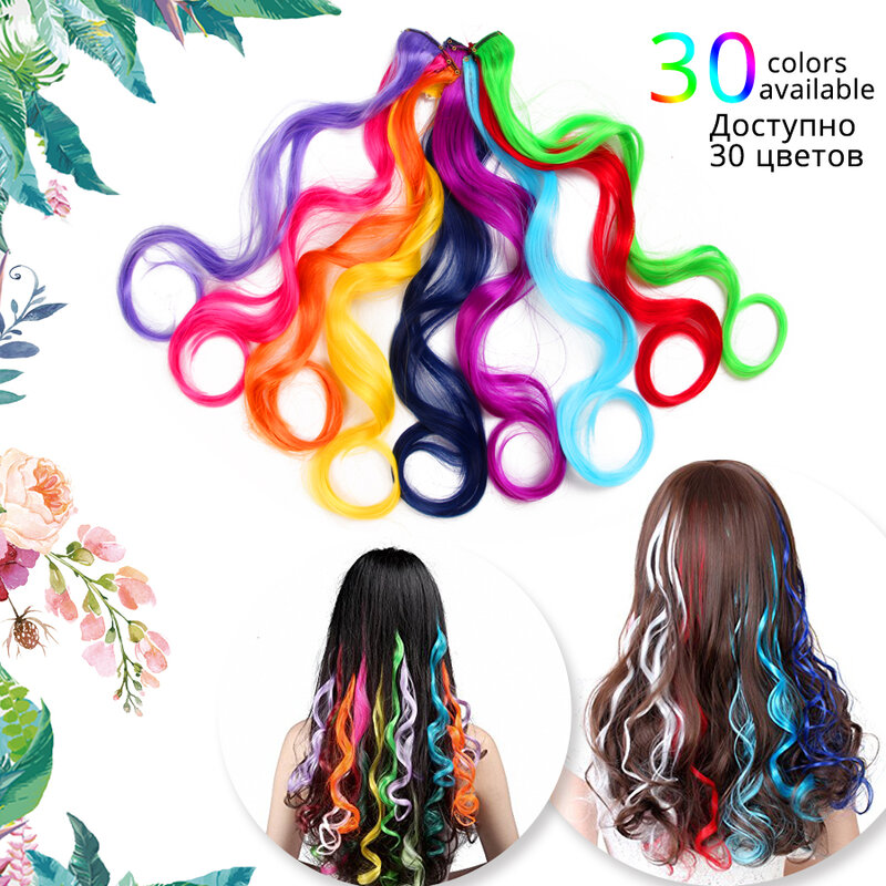 Synthetic Rainbow Wavy Hair Extensions Long Hair Extensions One Single Clip In Wigs Colorful Synthetic Fiber False Fake Hair 20"