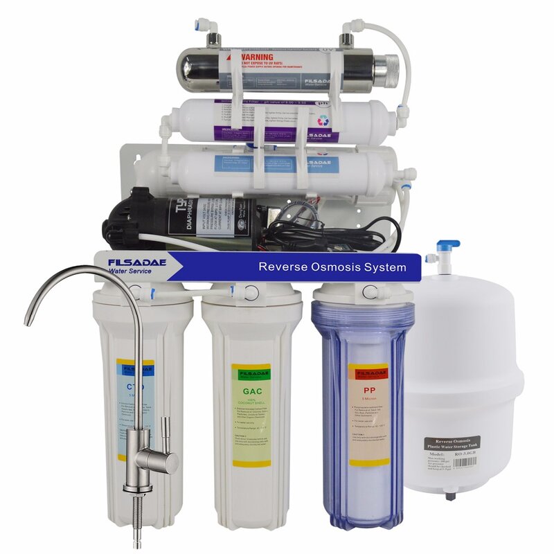Sistema de filtración de agua por ósmosis inversa alcalina ultravioleta de 7 etapas debajo del fregadero, purificador alcalino con esterilizador UV de 6W, 75GPD