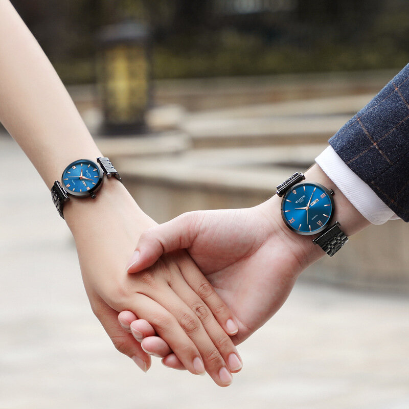 Reloj de pulsera de cuarzo para hombre y mujer, cronógrafo de acero negro y azul, de negocios, de alta calidad, a la moda, par de horas