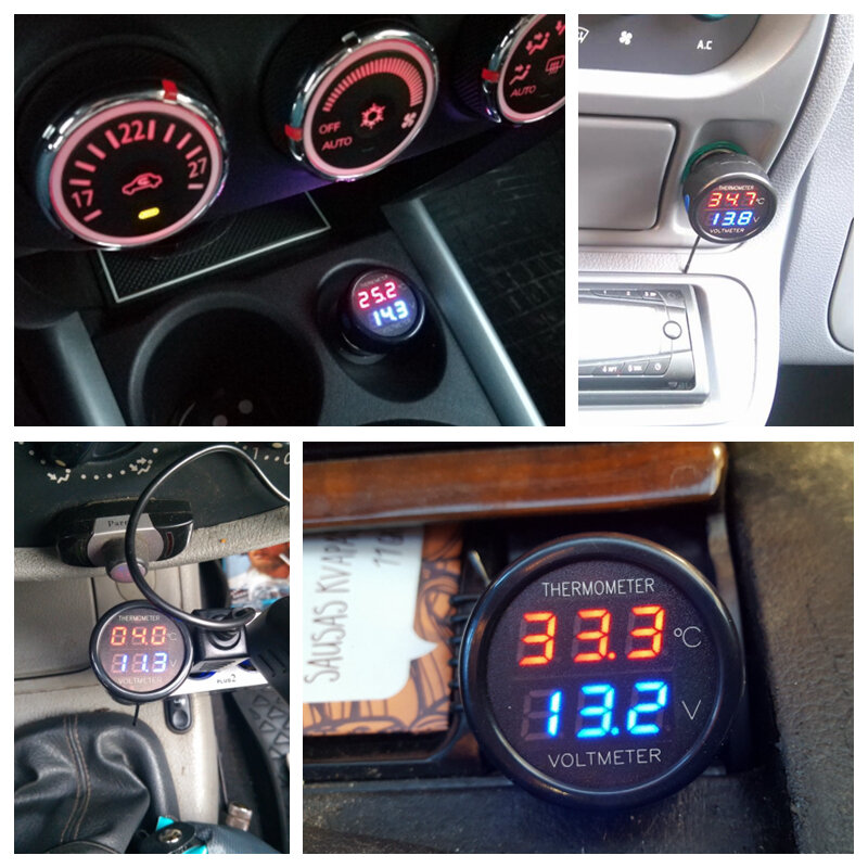 Termômetro digital led 2 em 1, voltímetro e medidor de temperatura, monitor de voltagem automotivo com display duplo