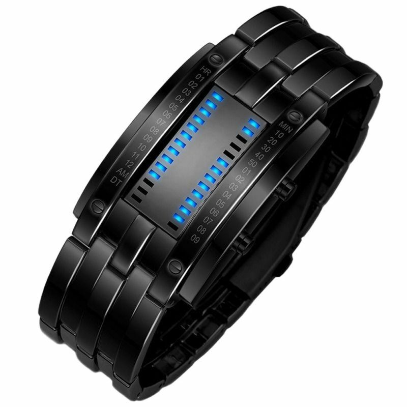 ผู้ชายผู้หญิง Future เทคโนโลยี Binary สีดำคู่สแตนเลสนาฬิกาวันที่สร้อยข้อมือ LED กีฬานาฬิกา