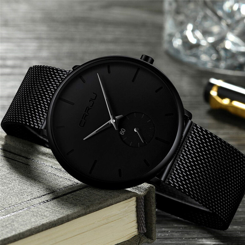 CRRJU-2150 남성 패션 시계, 최고 브랜드 캐주얼 초박형 메쉬 스틸 손목 시계, 남성 블랙 스포츠 방수 쿼츠 시계, reloj
