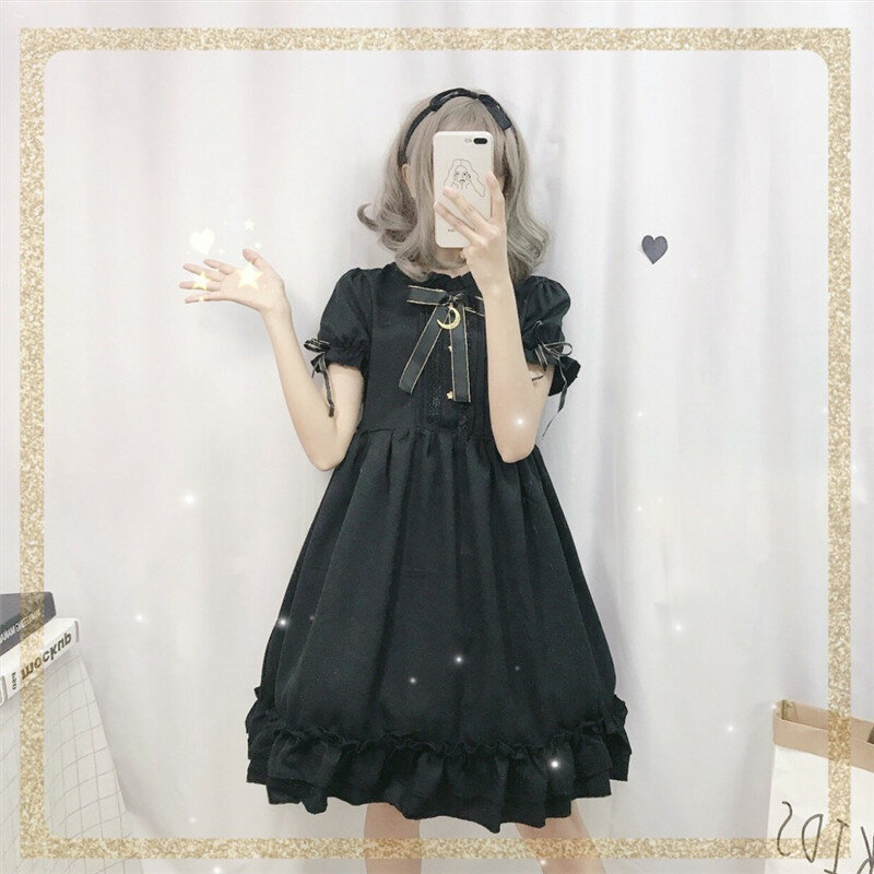 LIXM sukienka Lolita z krótkim rękawem w stylu Retro ciemna śliczna kokardka złoty księżyc spódnica Lolita marszczona ładna przebranie na Halloween zestaw