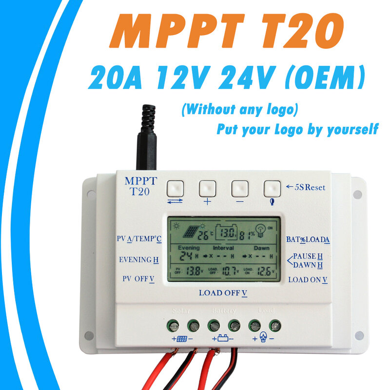 Регулятор заряда солнечной панели, 20 А, MPPT 12 В/24 В, ЖК-дисплей T20, без логотипа
