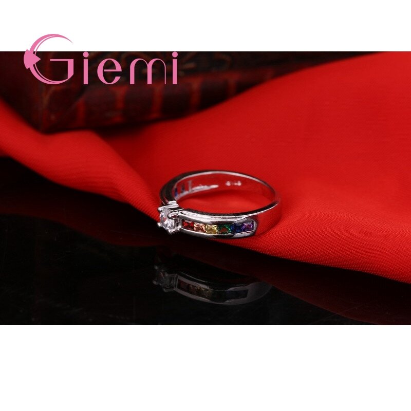 New Arrival kolorowe Rainbow Crystal 925 obrączka ze srebra wysokiej próby pierścień dla kobiet kobieta wesele biżuteria zaręczynowa