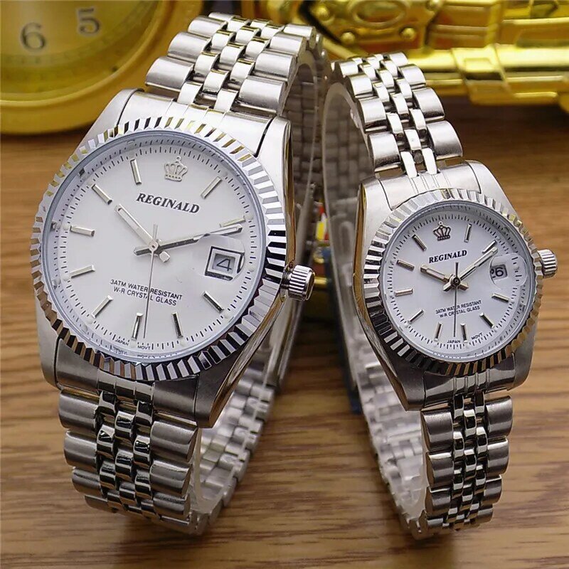 HK Fashion Brand Reginald-Relógio de aço inoxidável impermeável para homens e senhoras, amantes Relógios de pulso, vestido com calendário