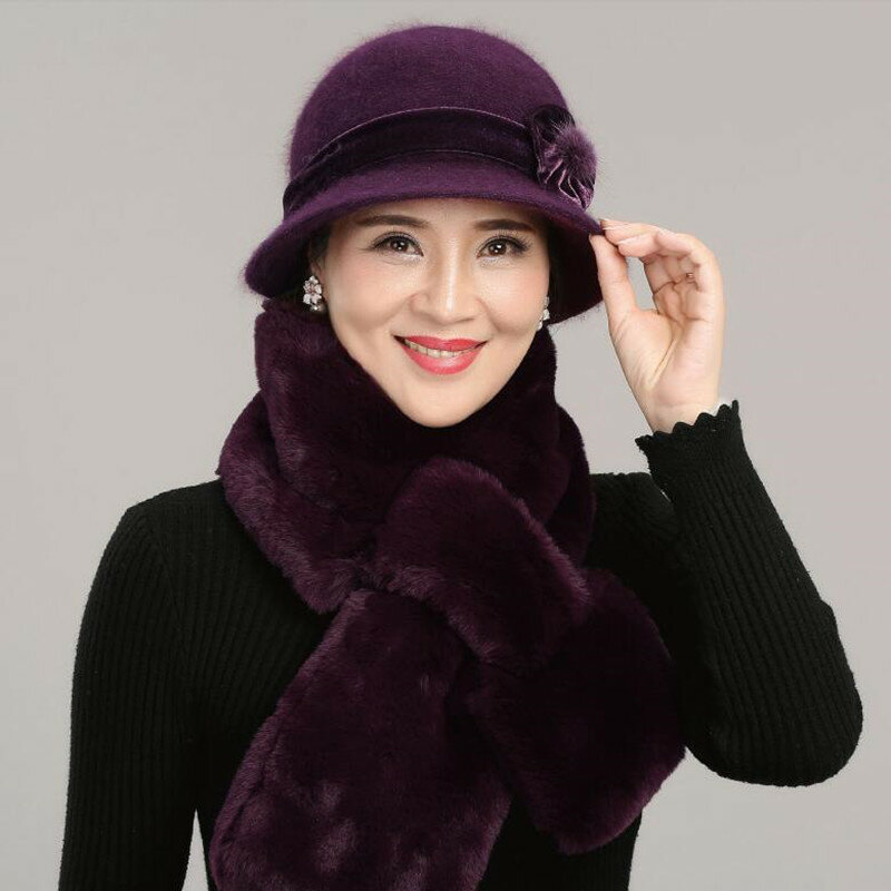 Cappello femminile di mezza età donna inverno madri nonna riscaldamento regalo di natale berretto signora sciarpa di velluto ispessimento all'aperto H7171