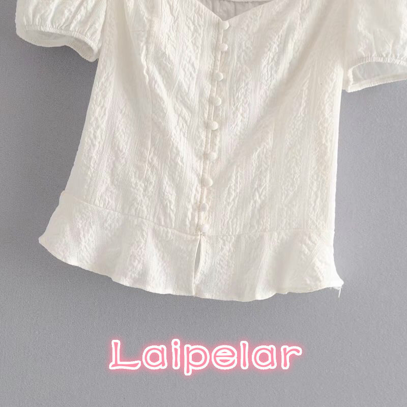 Blusa branca com gola quadrada de botão, elegante, manga bufante, costas nuas, com babados, moda coreana, feminina, tops e blusas