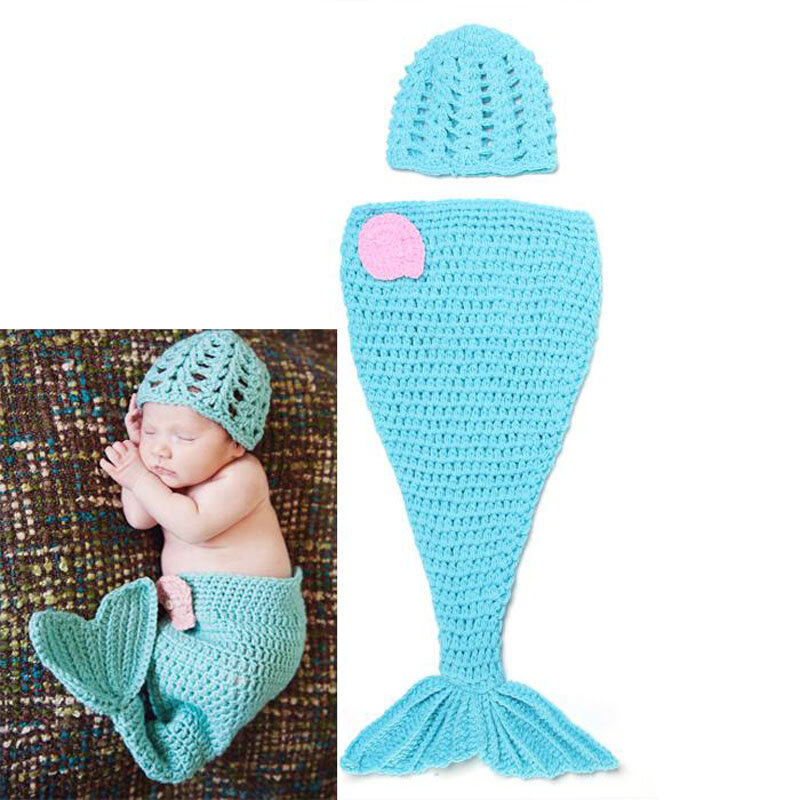 Baby Crochet Mermaid Tier Kostüm Set Newborn Foto Requisiten Infant Gestrickt Perle Kokon mit Blume Stirnbänder SG051