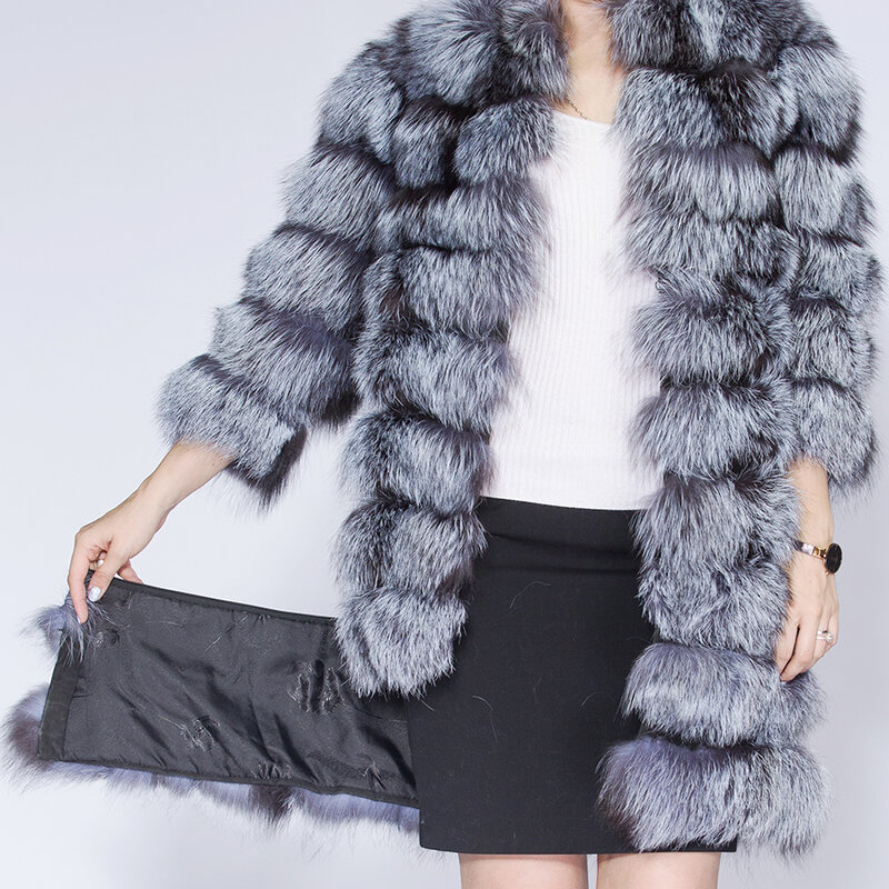 WNAORBM zima najnowsza moda kobiety Silver Fox futro usuń płaszcz rękaw 3/4 Soild futro z lisa ciepły płaszcz z prawdziwego futra