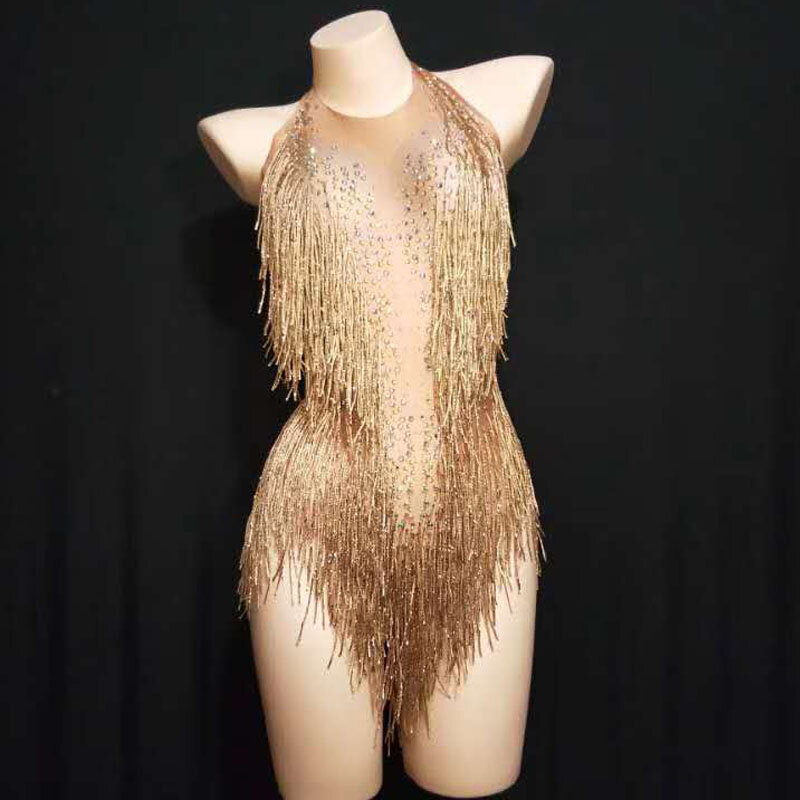 Lampeggiante strass oro nappa Spandex body festa di compleanno da donna Costume da sera Stage Outfit Nightclub Dance Show Wear