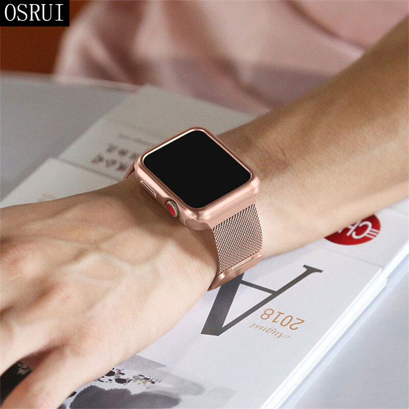 Watch Case+strap for Apple Watch 4 3 5 iwatch band 42mm 38mm 44mm 40mm Milanese Loop link bracelet Stainless Steel watchband