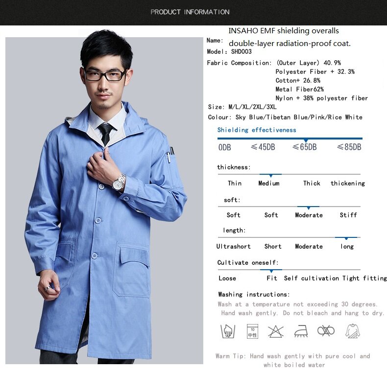 INSAHO electromagnetic radiation protective overalls with double layer,EMF shielding men lab coat,metal fiber material,SHD003.