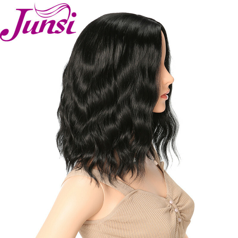 JUNSI Mode Dame Kurze Schwarze Bob Wellenförmige Perücke Haar Synthetische Perücke Natural Black Heat Resistant Perücken