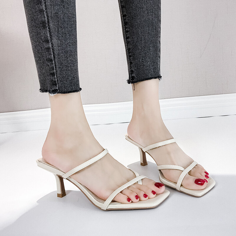 Klasyka wysokie sandały na obcasie kobiety pasek białe sandały damskie modne buty wsuwane sandały na cienkim obcasie seksowne sandały damskie lato 2019