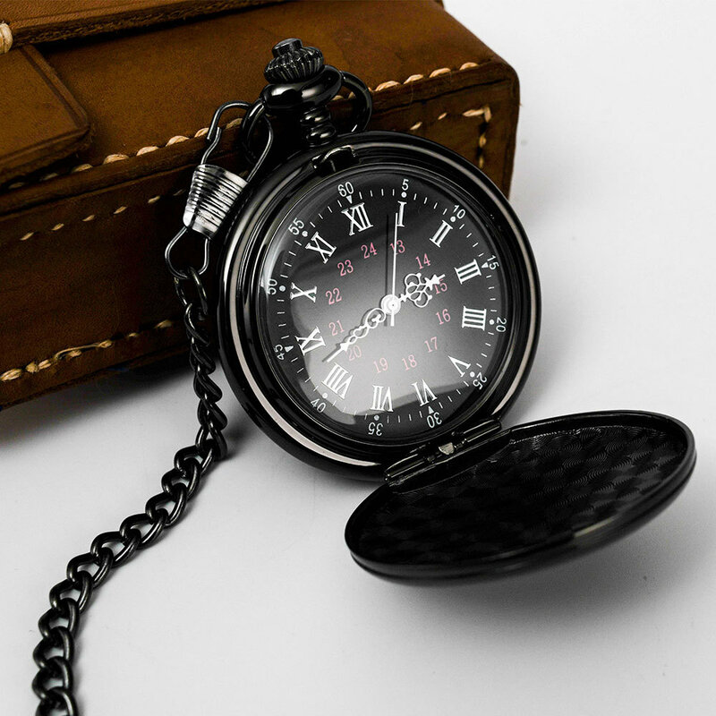 男性用の滑らかでパーソナライズされたレトロな時計,黒の懐中時計,シルバーポリッシュ,クォーツ,チェーン付きペンダント,刻印ギフト