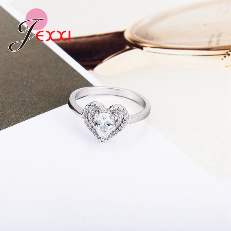 Romântico de alta qualidade elegante temperamento coração 100% 925 prata esterlina cristal anel para mulheres noivado jóias presente
