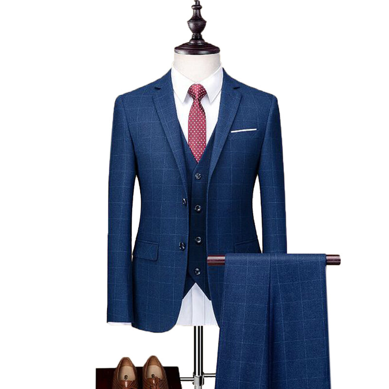 Plaid Sesuai 3 Potongan Wol Tweed Tuksedo Blazer Formal Pengiring Pria Setelan (Blazer + Rompi + Celana)