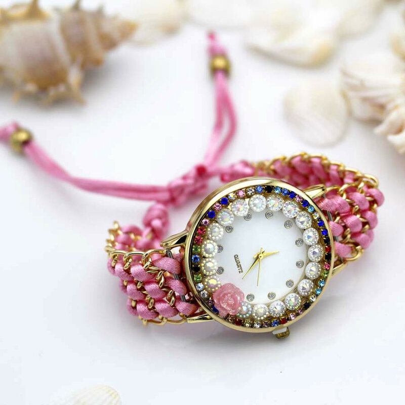 Shsby-relógio de pulso flor de malha mão das mulheres, cor rosa, strass espumante, relógio de tecido, relógio da menina doce