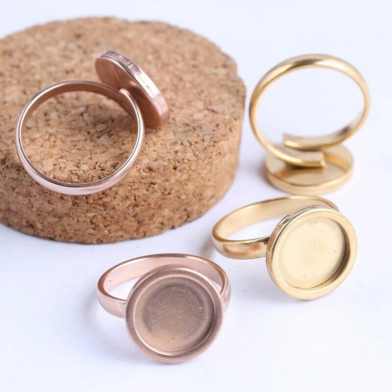 onwear 10pcs rose gold plated Fitting 12mm round cabochon ring blanks adjustable stainless steel base setting diy jewelry bezels