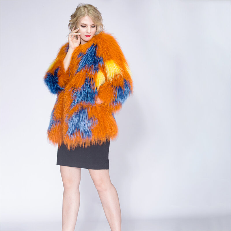 Gebreide Mode Jas Womens Raccoon Dog Fur Coat Tan Schapen Bontjassen Korte Jas Echt Bont Jas Manteau Fourrure Femme