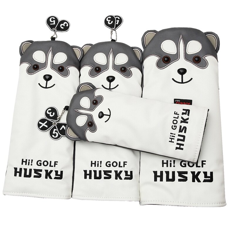 น่ารัก Husky Driver Golf Head Cover การ์ตูนสัตว์ #1 #3 #5 #7 Woods PU หนัง HeadCover ป้องกันฝุ่นครอบคลุม