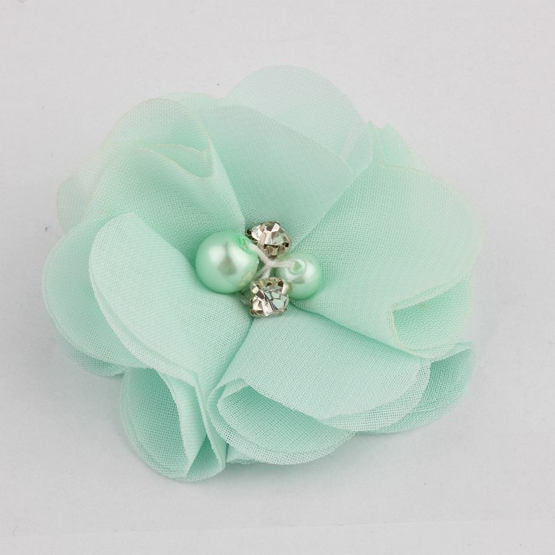 10 Uds. De flores de gasa con diamantes de imitación para niña, tela de perlas con Clips, accesorios para el cabello, 2 ", 35 colores