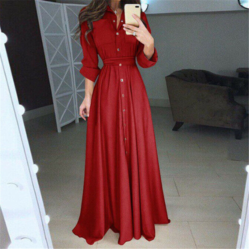 2019 Fall Vintage Fashion solidna tunika swobodne sukienki damskie sukienka z długim rękawem Vestidos Button czerwona biała czarna sukienka kobieca marka