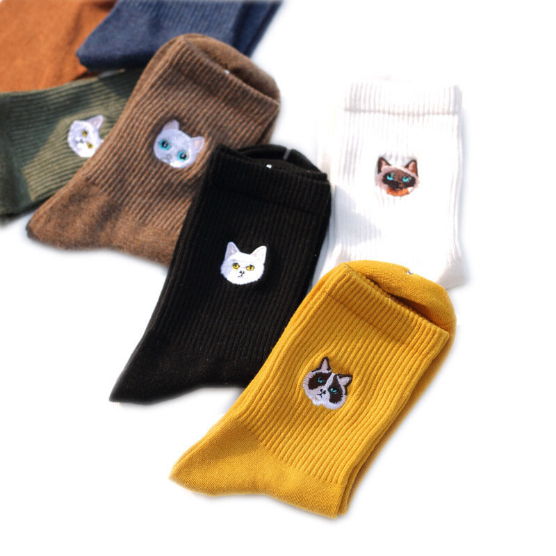 Calcetines de algodón puro con bordado Manual para mujer, medias divertidas con diseño de gato y perro, dólar plateado, dibujos animados, Harajuku, otoño e invierno