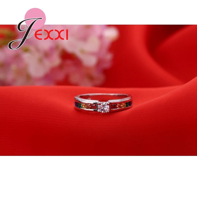 Anéis De Casamento De Cristal para Mulheres, Real 925 Sterling Silver, Várias Cores, Redondo Colorido, CZ Moda Jóias, Acessórios Senhoras