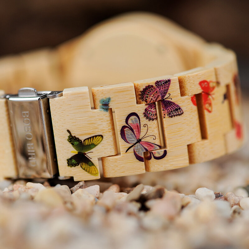 Bobo bird o20 relógio feminino de estampa de borboleta, relógio de pulso feito de bambu quartzo para senhoras em caixa de presente de madeira