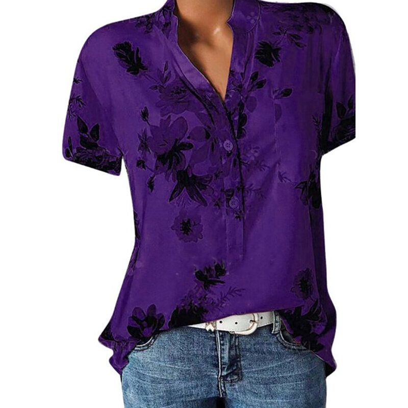 Элегантная женская рубашка с принтом, Повседневная рубашка большого размера, модная рубашка с V-образным вырезом и коротким рукавом, блузка