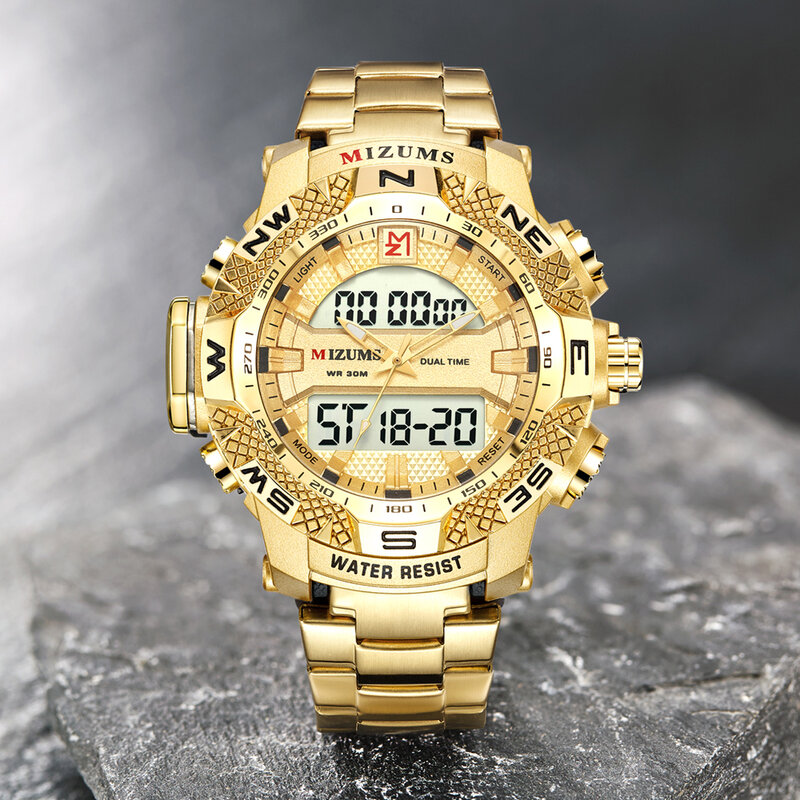 Relógio de ouro led digital esportes relógios homem banda aço inoxidável à prova dwaterproof água marca luxo mizums masculino quartzo relógio de pulso xfcs
