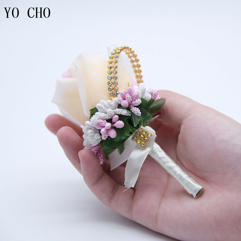 Yo Cho Wedding Bouquet Artificiale Della Rosa Fiori Blu Spilla Corpetti di Scintillio di Strass Nastro di Pizzo Classico Prom Boutonniere Spilli
