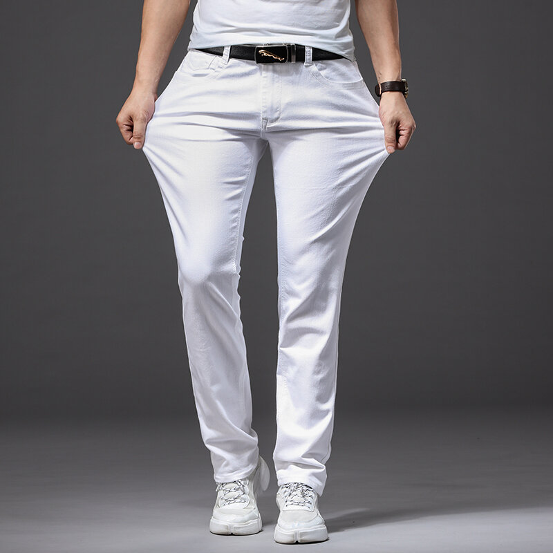 Brother Wang Jeans bianchi da uomo moda Casual stile classico Slim Fit pantaloni morbidi pantaloni elasticizzati avanzati di marca maschile