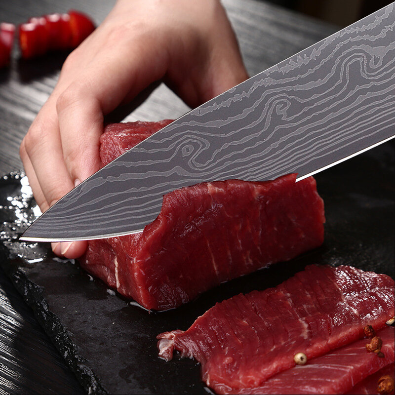 XYj 8 inch Utility Chef Stainless Steel Knives Imitation Damascus steel Santoku kitchen Knives Cleaver Slicing Knives Gift Knife