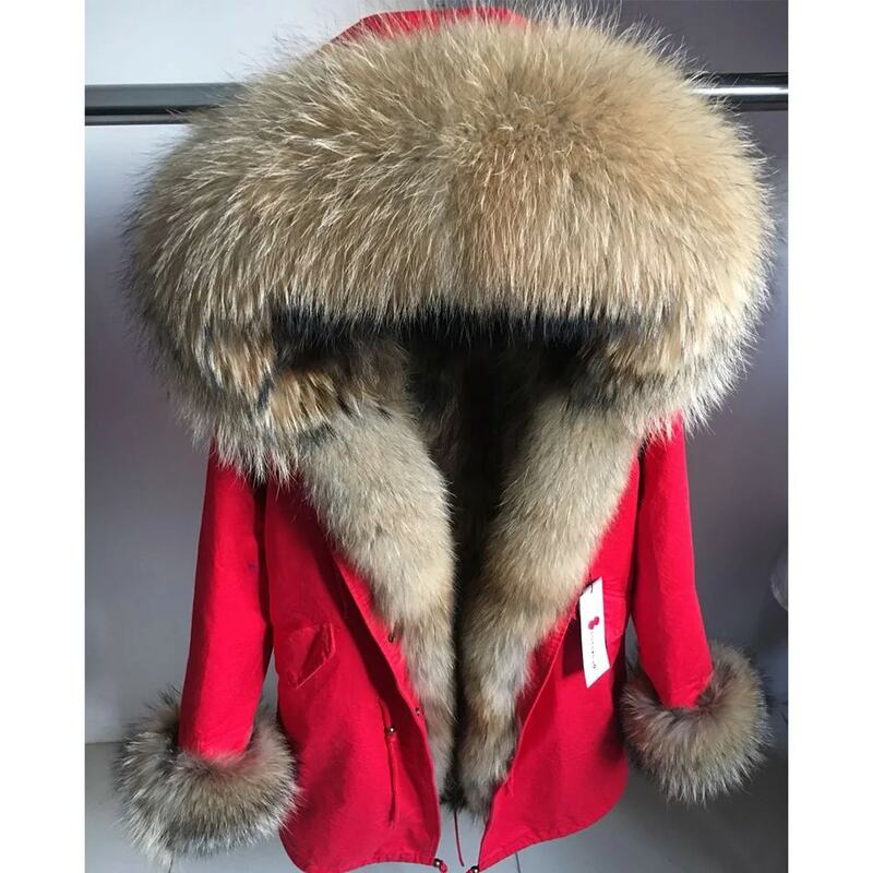 Maomaokong-女性用の本物のキツネの毛皮のコート,長くてルーズな冬の毛皮のジャケット,アライグマの襟,厚くて暖かい,デタカラフ