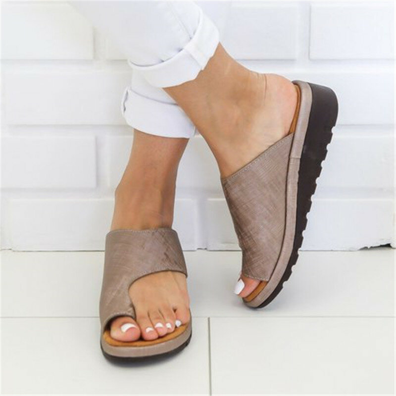 Mulheres sapatos de couro do plutônio confortável plataforma plana sola senhoras casuais macio grande pé correção sandália ortopédica bunion corrector