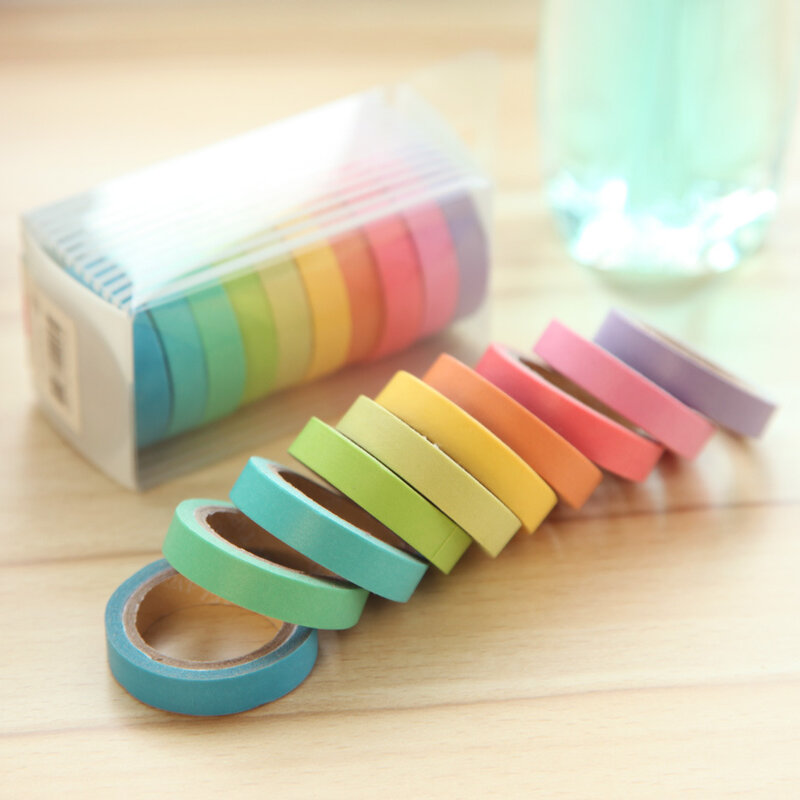 10ชิ้น/กล่อง Rainbow สีทึบญี่ปุ่น Masking Washi กระดาษเหนียวกาวการพิมพ์ DIY Scrapbooking Deco Washi เทป Lot