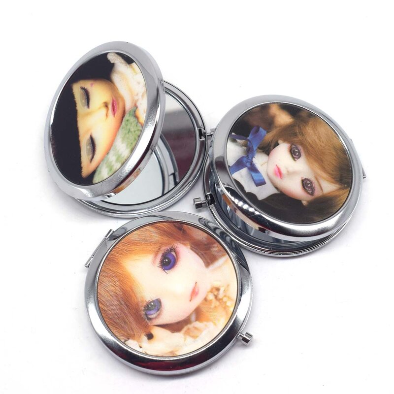 Boneca bonito mini bolso espelho de maquiagem cosméticos compactos espelhos portáteis dupla lados de aço inoxidável cosméticos espelhos maquiagem