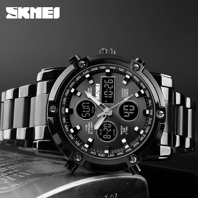 Skmei relógio digital esportivo masculino, relógio fashion casual 30m impermeável de quartzo, relógio de pulso com display duplo