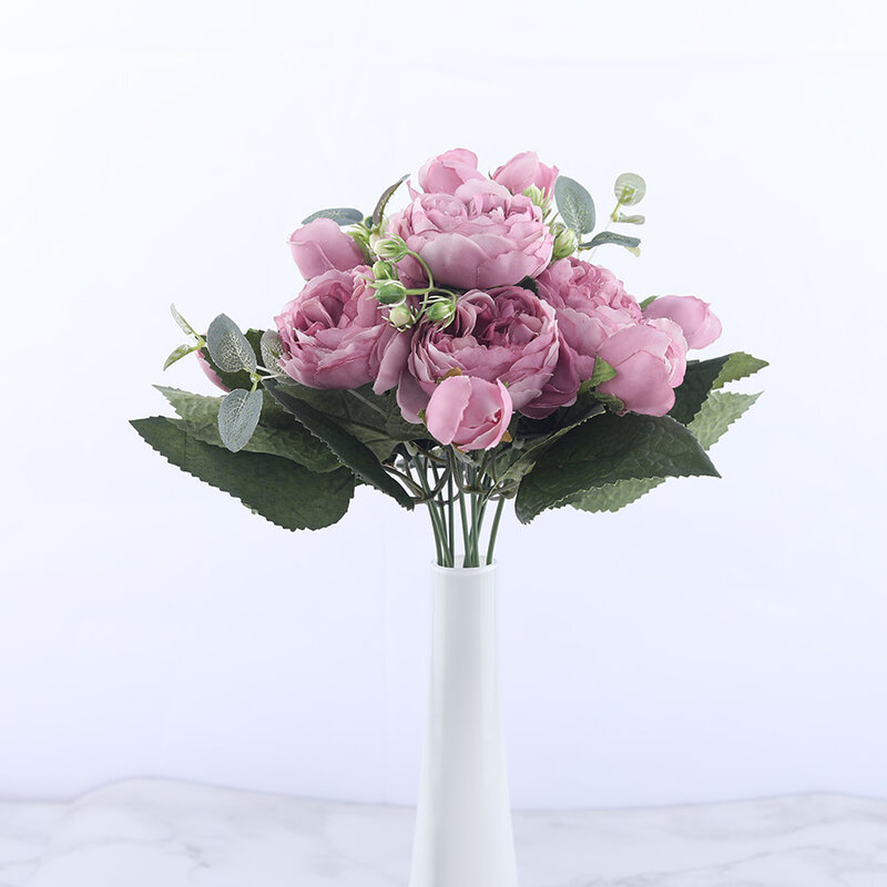 Bouquet de fleurs artificielles roses, 5 têtes et 4 bourgeons, 30 cm, pivoines en soie, bon marché pour décoration d'intérieur de mariage à domicile