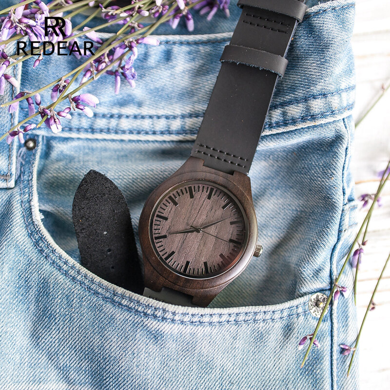 Clásico negro sándalo reloj de cuarzo con correa de cuero ligero regalo relojes de las mujeres o los hombres, sin LOGO