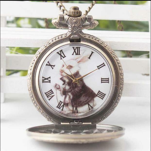 Alicia en el país de las Maravillas Vintage bronce antigüedades moda cuarzo steampunk buena calidad mujer reloj de bolsillo cadena