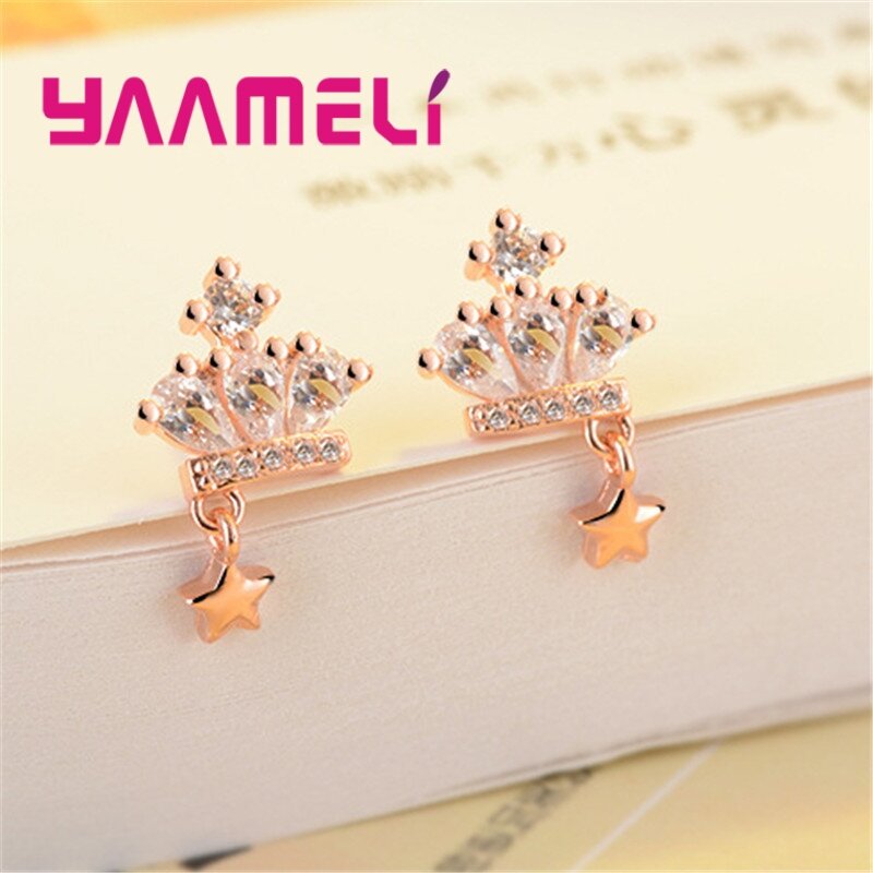 Pendientes de corona con pequeña estrella, diseño bonito, Charm, pendientes de moda para mujeres/niñas, Plata de Ley 925 de circonia cúbica brillante