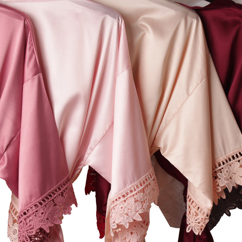 Silky Satin Monochrome Robe para Noivas, Lace e Satin Loungewear, A9007