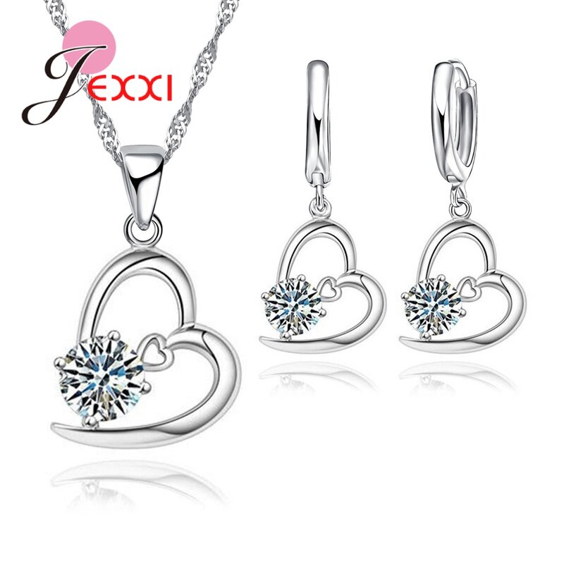 925 Sterling Silver Jewelry Sets romantyczny piękny CZ kryształowy naszyjnik wisiorek kolczyki dla kobiet walentynki ślub