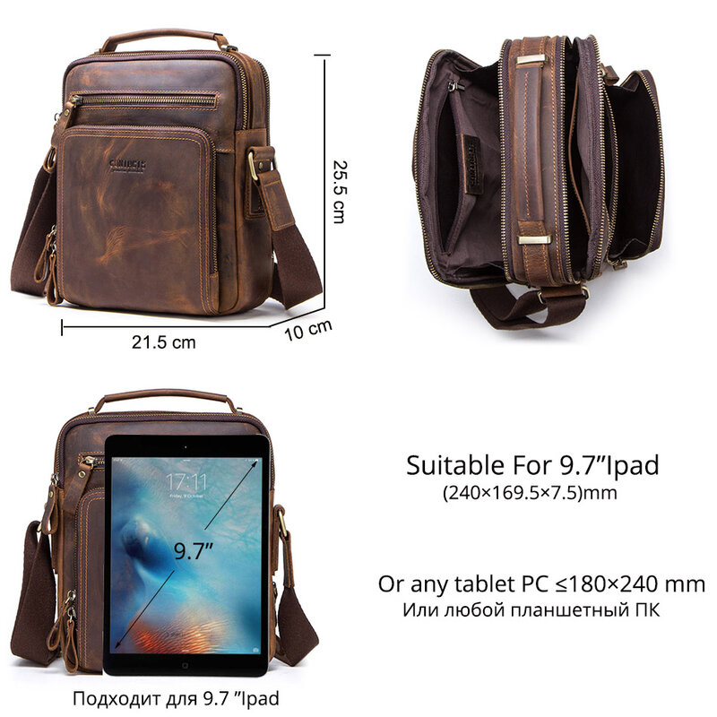 CONTACT'S Кожаная мужская сумка винтажная сумка на плечо для 9.7-дюймового iPad сумки на молнии для мужчин высокое качество 2019