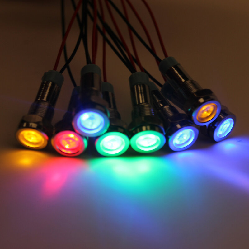 Luz indicadora LED de metal, lâmpada de sinal impermeável, fios conectar, latão, platina, verde, vermelho, azul, 6mm, 6V, 12V, 24V, 220V